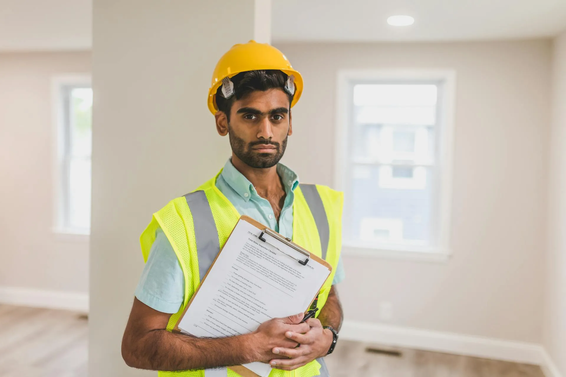 Pest management technician in safety gear and clipboard inspecting a residential property exterior