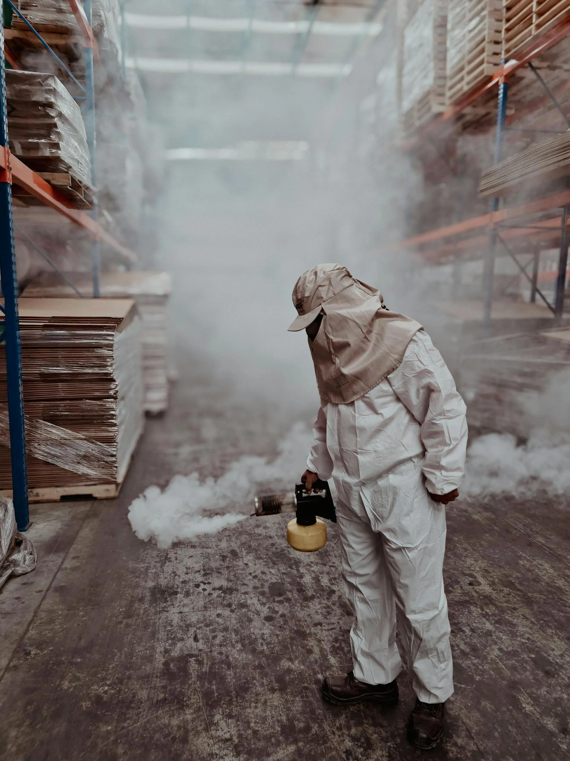Pest control technician in full white protective coverall and respirator performing professional fumigation work on site